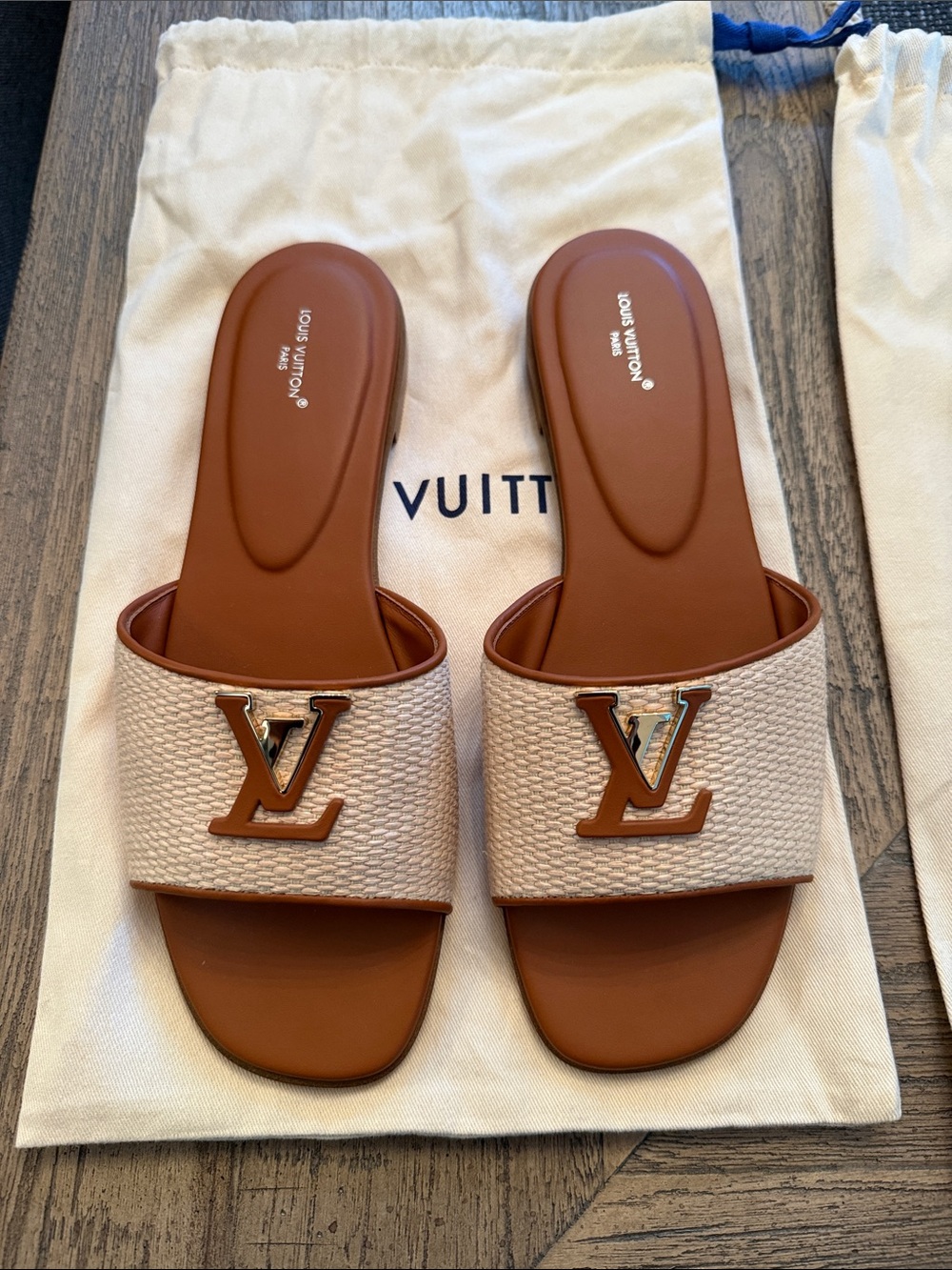 Louis Vuitton Mare Tan Leather & Cream Woven LV Slide Sandals